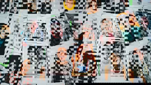 Montage of polaroid pictures of faces of men and women