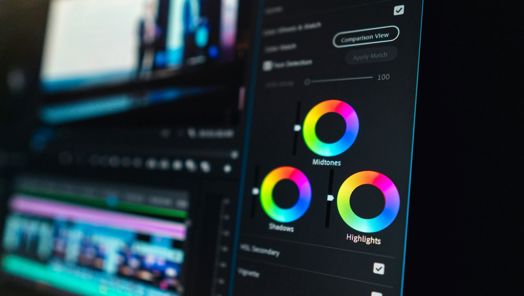 A closeup of colour wheels in a video editing software.