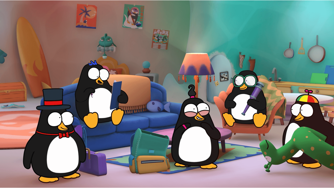 A still from 'Piripenguins' - five penguins sat in a living room