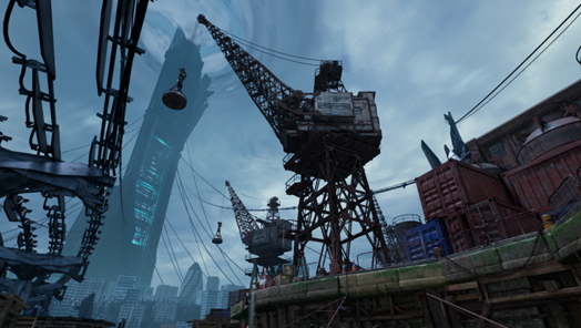 Industrial London location with large cranes in the foreground