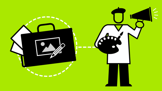 Icon showing an art director with a portfolio and an image of a scene