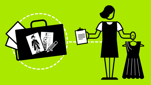 Icon showing a costume designer with a portfolio and two costumes