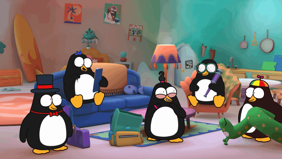 A group of cartoon penguins in costumes play in a colourful playroom