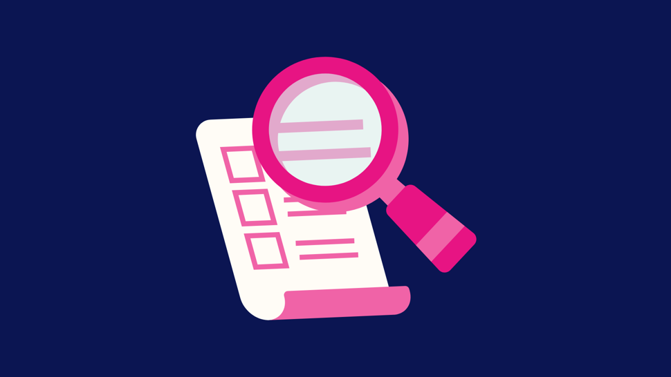 Illustration of a magnifying glass an a piece of paper on a navy blue background