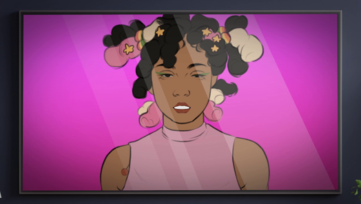 person speaking in front of a pink background