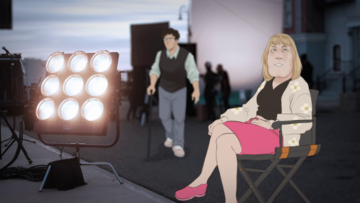 person with Cherubism sitting on a chair on a film set